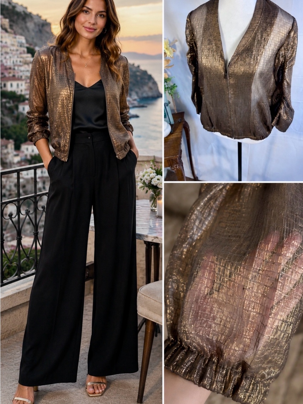 Diane von Furstenberg Metallic Chiffon Zip Jacket Copper Brown Shimmer Sz 6 💚